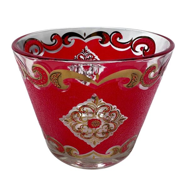 Vintage MCM Culver Starlyte Red Gold Ice Bucket 6" Round Filigree Glassware - Picture 3 of 7